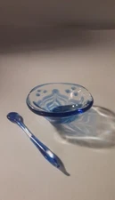 Glass Open Salt Set- Handblown Borosilicate Dish and Spoon transparent blue