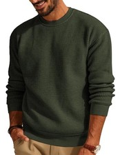 Mens Sweater Crewneck Knit Sweaters Casual Waffle Pullover Small Army Green