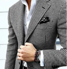 Gray Men's Plaid Jacket Houndstooth Coat Singble Breasted Notch Lapel Blazers