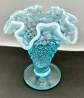 Vintage Fenton Blue Opalescent Hobnail Ruffle Edge Vase 4" MCM  Early Edition