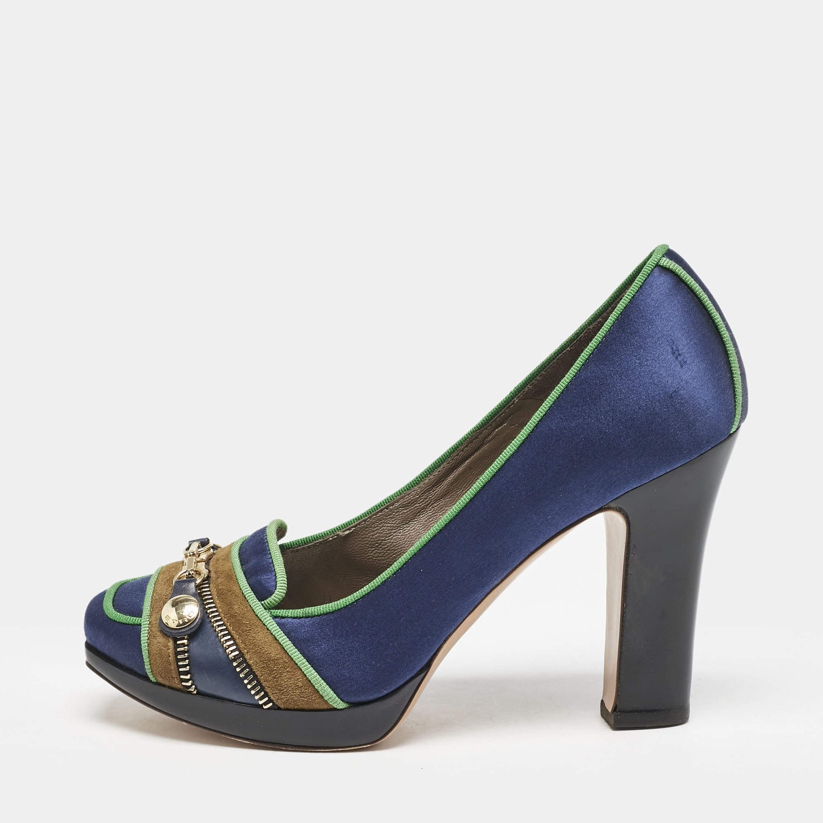 Etro BlueGreen Satin Zip Embellished Block Heel Pumps Size 38