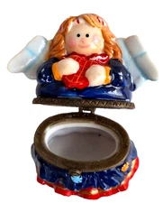 Round Hinged Trinket Box Angel Holding a Heart Christmas Holiday - Vintage