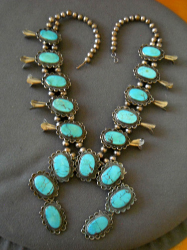 Southwest Web Sky-Blue Turquoise Silver Tone Squash Blossom Mex Beads Necklace