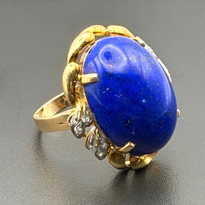 Vtg 14K Gold Lapis Lazuli Ring w/ Diamond Accents Size 8 (YAK-18-4)
