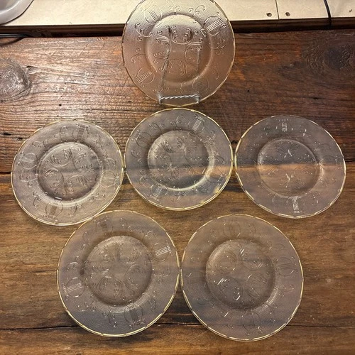 Vintage Jeanette Glass Harp 7" Salad Plates Scalloped Edge w/Gold Trim Set Of 6