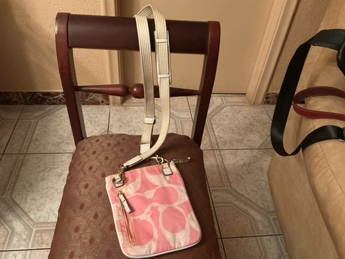 Women’s coach Pink & White Abstract Crossbody Bag, Adjustable Beige Strap, Zip