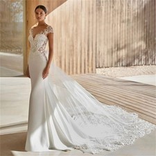 O-Neck Mermaid Wedding Dresses Sweep Train Flower Lace Appliques Backless Beaded