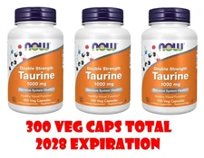 300 Veg Caps (3x100) Now Foods Double Strength Taurine 1000mg Exp 08/2028