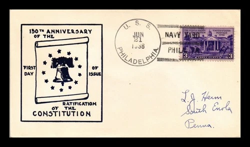 US COVER CONSTITUTION RATIFICATION FDC SCOTT 835 USS PHILADELPHIA NAVAL CANCEL