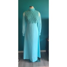 Size medium/ Vintage 1970s teal turquoise blue maxi dress chiffon sleeve dress