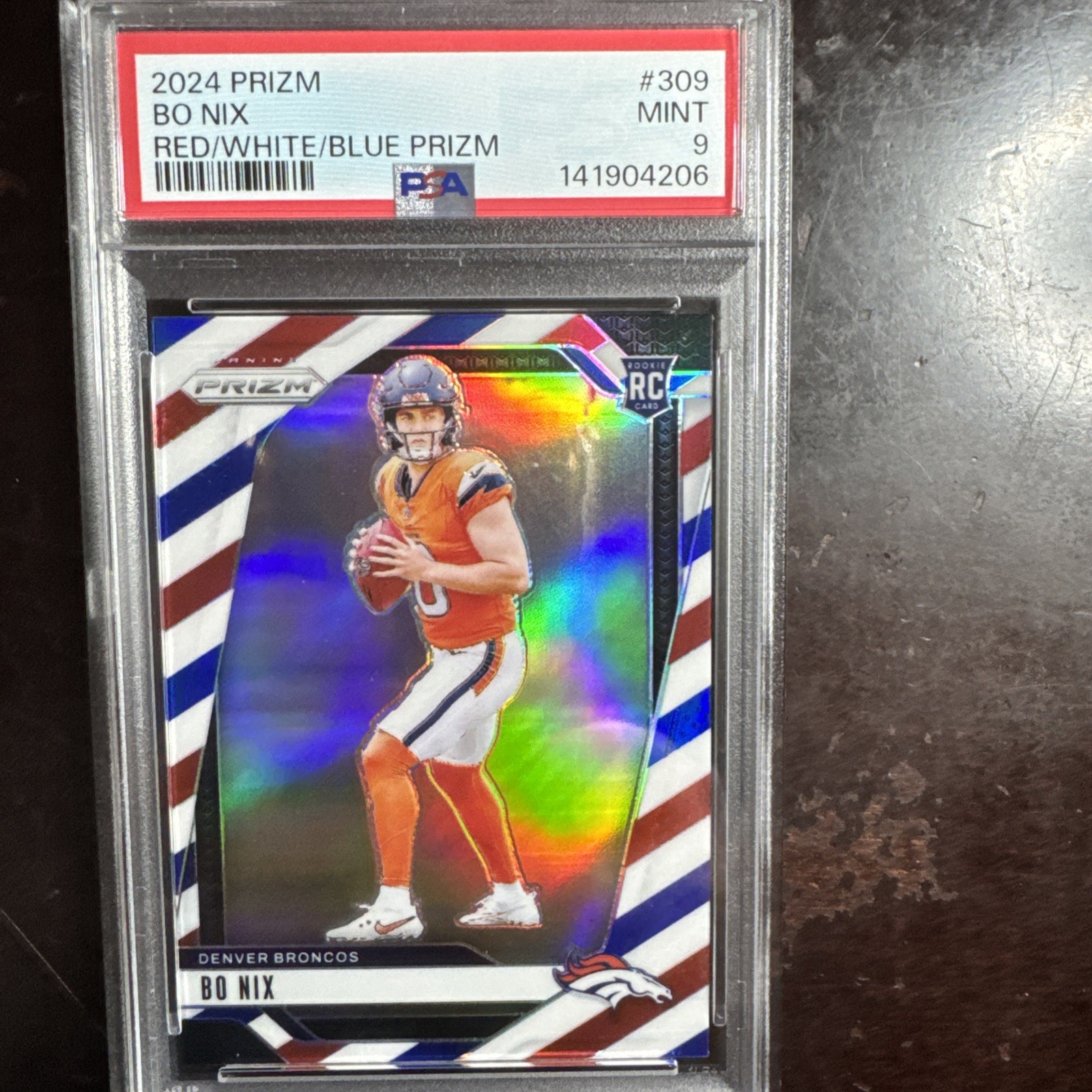2024 Panini Prizm - Rookies Bo Nix #309 Red White & Blue Prizm (RC)  PSA9 Mint