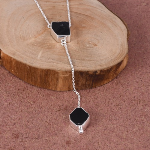 Beautiful Delicate 925 Sterling Silver Black Onyx Lariat Y Drop Chain Necklace - Picture 6 of 8