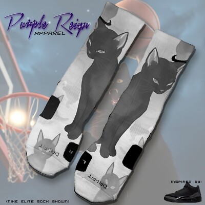 CUSTOM NIKE Elite Socks ''BLACK CAT'' MATCHING NIKE AIR JORDAN 3 III TRIPLE BLACK
