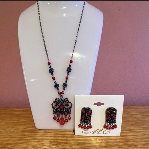 Soutwrstern Turquoise Blue and Red/Orange Necklace and Earring Set by MC - Picture 6 of 8