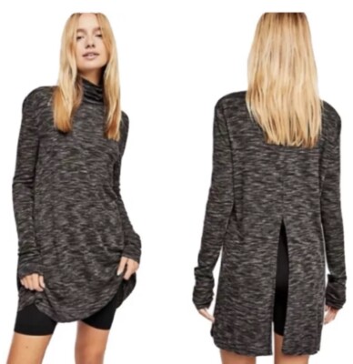 NEW Free People Womens Top Shirt Small Split Back Black Turtleneck Long Sleeve