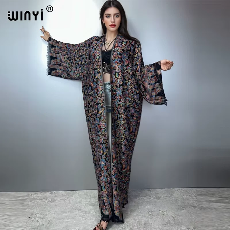 Winter Women Tassel Pashmina Embroidery Long Coat Loose Lapel Robe Femme Thick W - Image 2 of 4