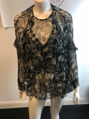 IRO 8518 BLACK/WHITE/GRAY PRINTED SHEER SILK BLOUSE SZ 40