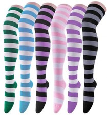 Women's Extra Long Opaque Striped Over Knee High Stockings Socks 6 Pairs K On...