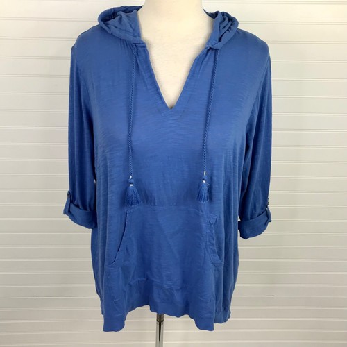 J Jill Tabsleeve Knit Hoodie Tunic Top Shirt 2X Blue Soft Stretch Long