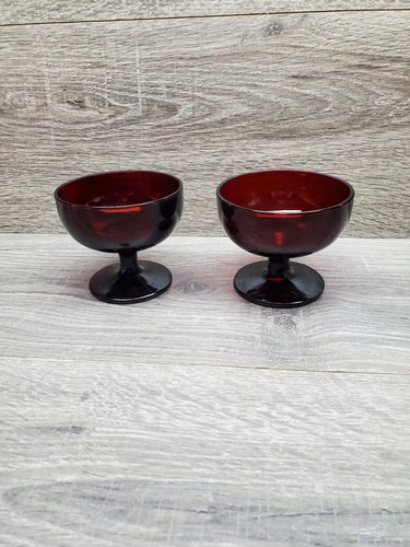 Set Of 2 Vintage Anchor Hocking Ruby Red Glass Sherbet Dish Candy Bowl Cup