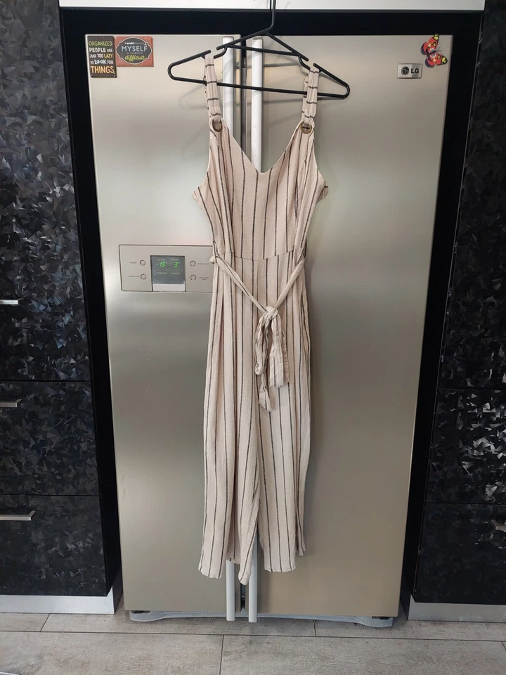 CITY CHIC XS 14 Plus beige brown striped linen blend Wide Leg Cropped jumpsuit - image 3 of 4