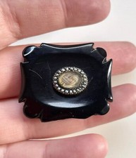 Antique Victorian 9Ct Gold Seed Pearl Whitby Jet Hair Braid Lock Work Brooch Pin