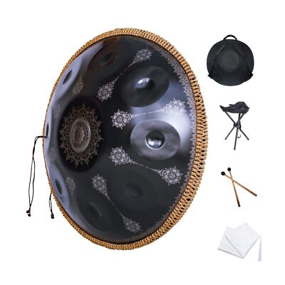 Handpan-Classic 10 Notes Black Print Hand Pan,Premium 432HZ 22 Inches D Minor...