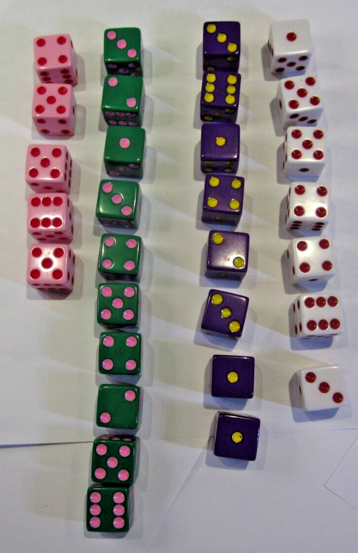 Dice Lot - 30 Six Sided Dice - Pink, Green, Purple & White