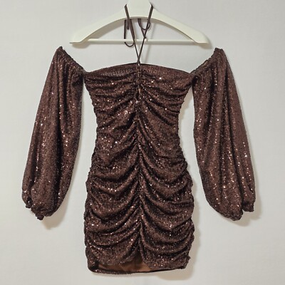 Lovers + Friends Sequin Mini Dress XS Espresso Keyhole Ruched Going Out Club EUC