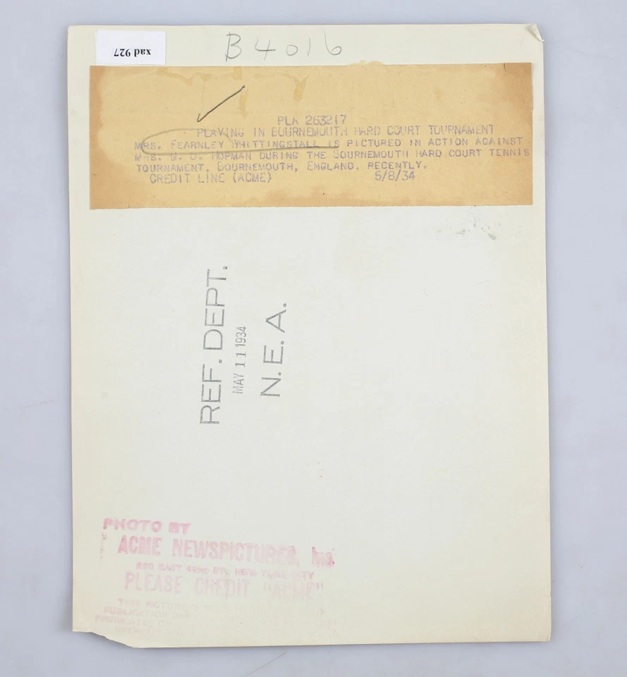 Vintage 1934 Tennis Photo Eillen Bennett Fearnley Whittingstall British Champ - Image 2 of 2