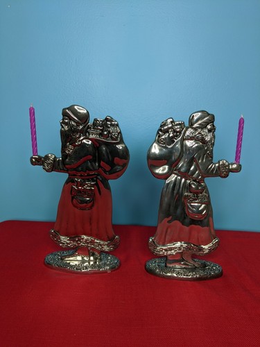 Set of 2 Antique Look Silver Plated Father Christmas Santa Claus Candle Holders - Picture 2 of 10