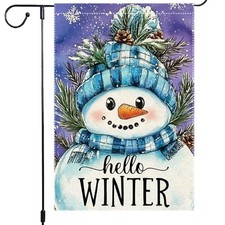 Hello Winter Snowman Garden Flag 12x18 Inch Double Sided Burlap 2025-RMQ-860