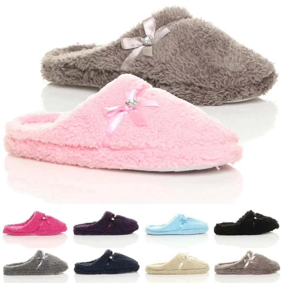 AJVANI WOMENS LADIES BOW HEART GEM WINTER FLEECE FUR SLIPPERS SLIP ON MULES SIZE