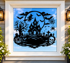 Halloween Haunted House Scene Large Window Decal 22" by 19" Black Flying Witch