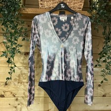 Ex Ted Baker Pewter Metallic Floral Pattern Mesh Bodysuit Size 10