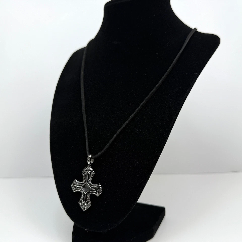 Collar Colgante Cruz Ágata Negra Acero Inoxidable Vintage Estilo Antiguo Plata Foto 4 de 4