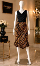 Roberto Cavalli Silk Bias Flare Skirt Gold Chain Print Black Size S Italy NWT