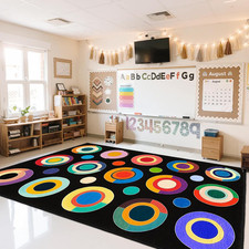 Classroom Rug,6X9 Ft Colorful Circle Print Washable Area Rugs,Non Slip Thin Larg