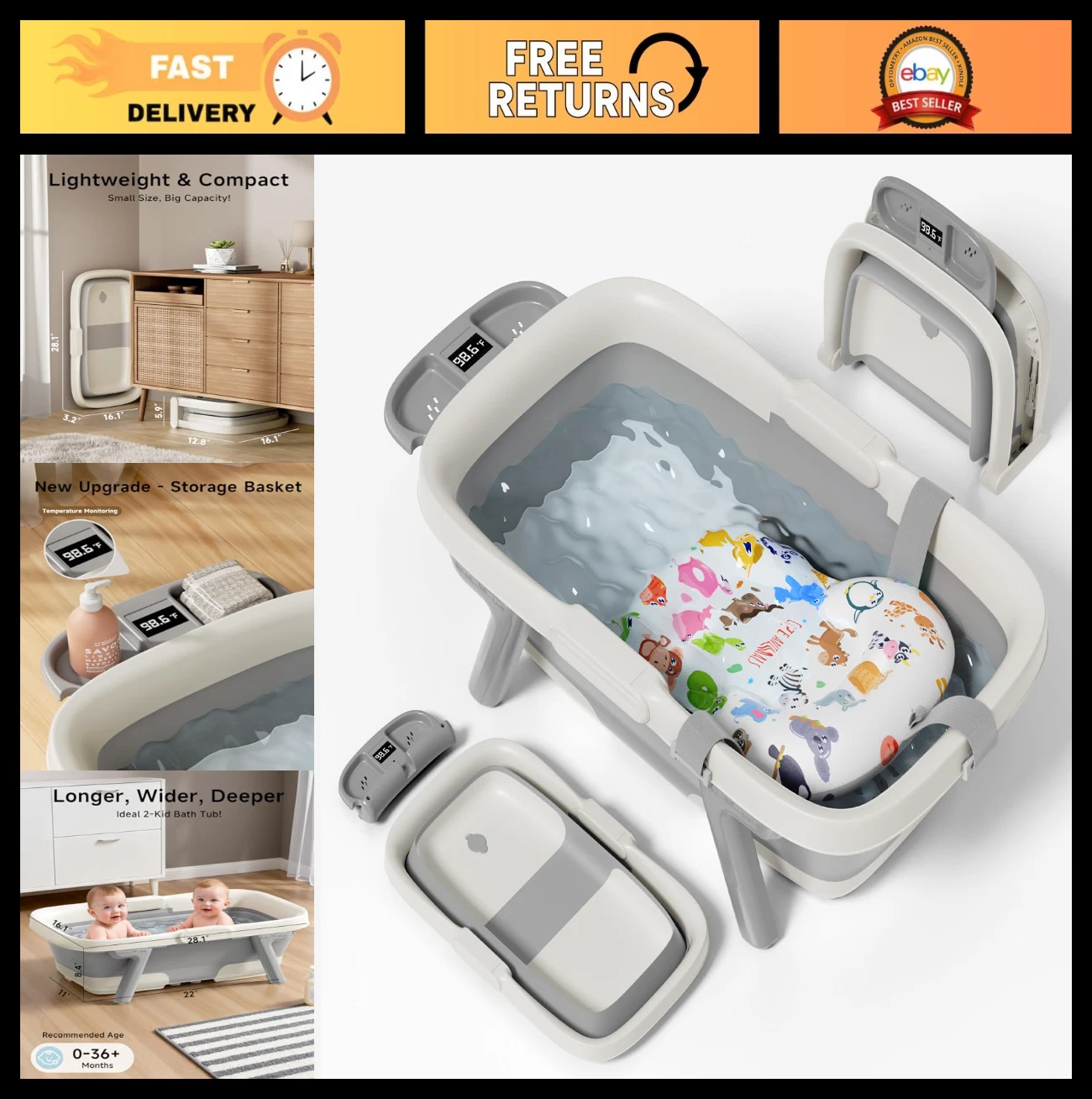 Collapsible Baby Bathtub with Thermometer & Soft Cushion for Infants, Non-Slip D