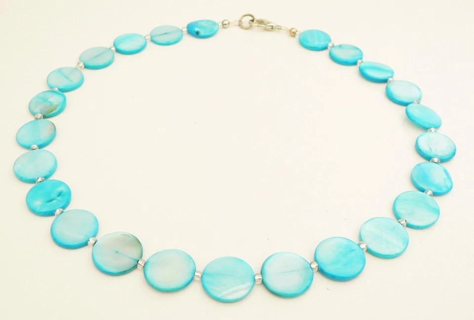 Halskette Kette Muschel Perlmutt Scheibe Ø15mm pastell türkis 405y - Bild 2 von 4