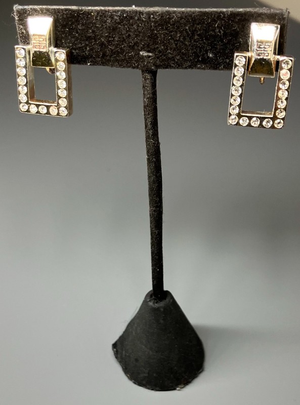 Vintage Givenchy  Logo Glass Rhinestone Chunky Square Dangle Clip Earrings