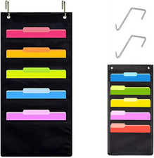 Hanging Wall File Organizer, 5 Pocket, Black Wall Storage Pocket Charts with 2 H
