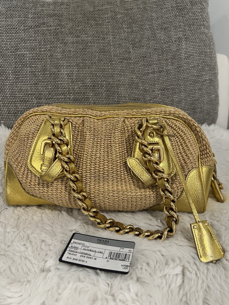 PRADA Woven Paglia Cinghiale Frame Tote Bag Natural Oro AUTHENTIC