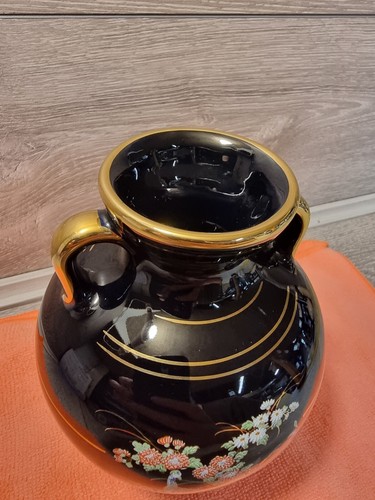 Detalle Oro 24k en Jarrón Fakiolas Negro 7" Hecho en Grecia. Excelente estado - Imagen 4 de 10