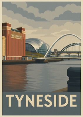 The Tyneside Bridges Art Deco Reise Poster Stil ungerahmt Wandbild