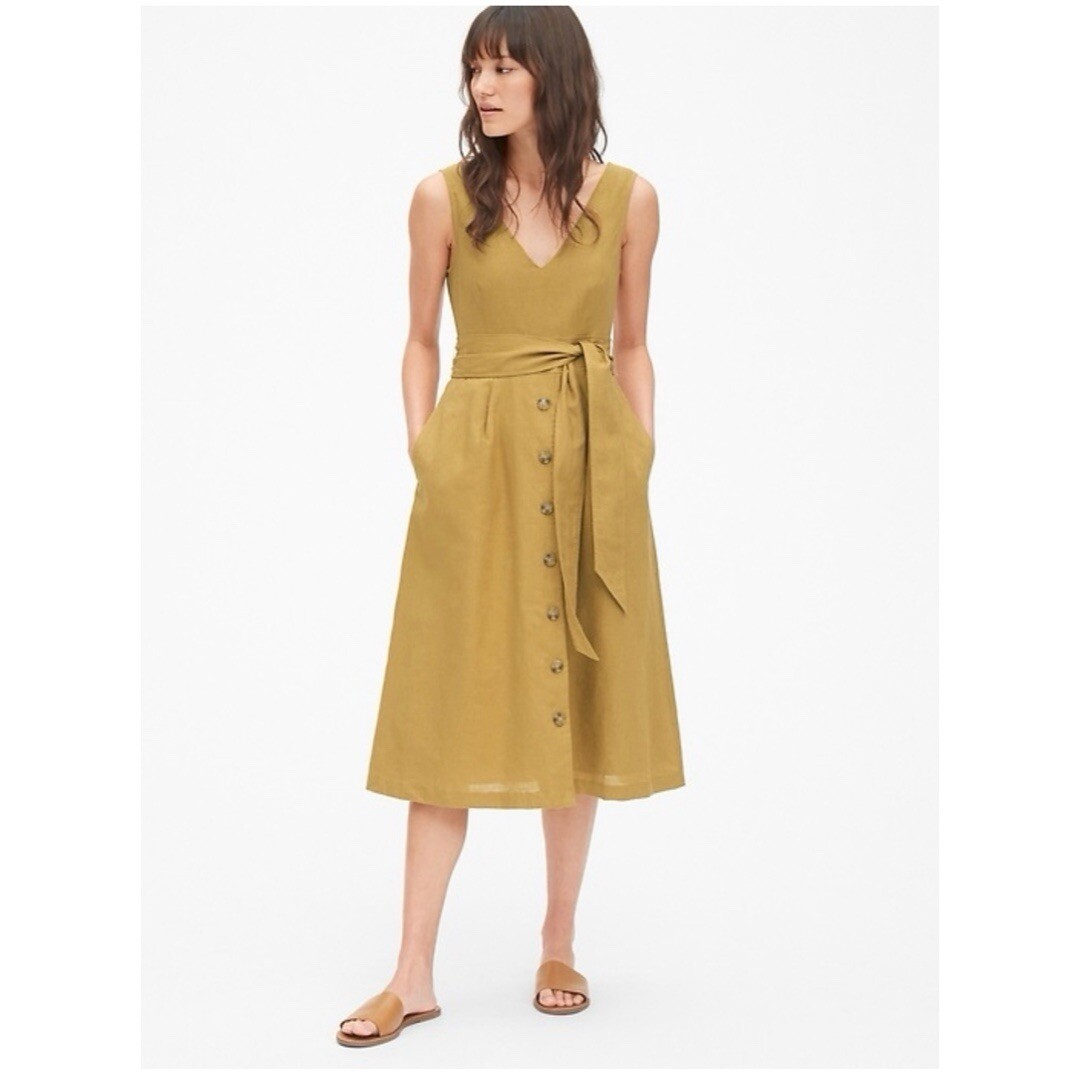 Gap Button Front Linen Midi Dress 2 XS Tan Sleeveless Casual Neutral Minimalist