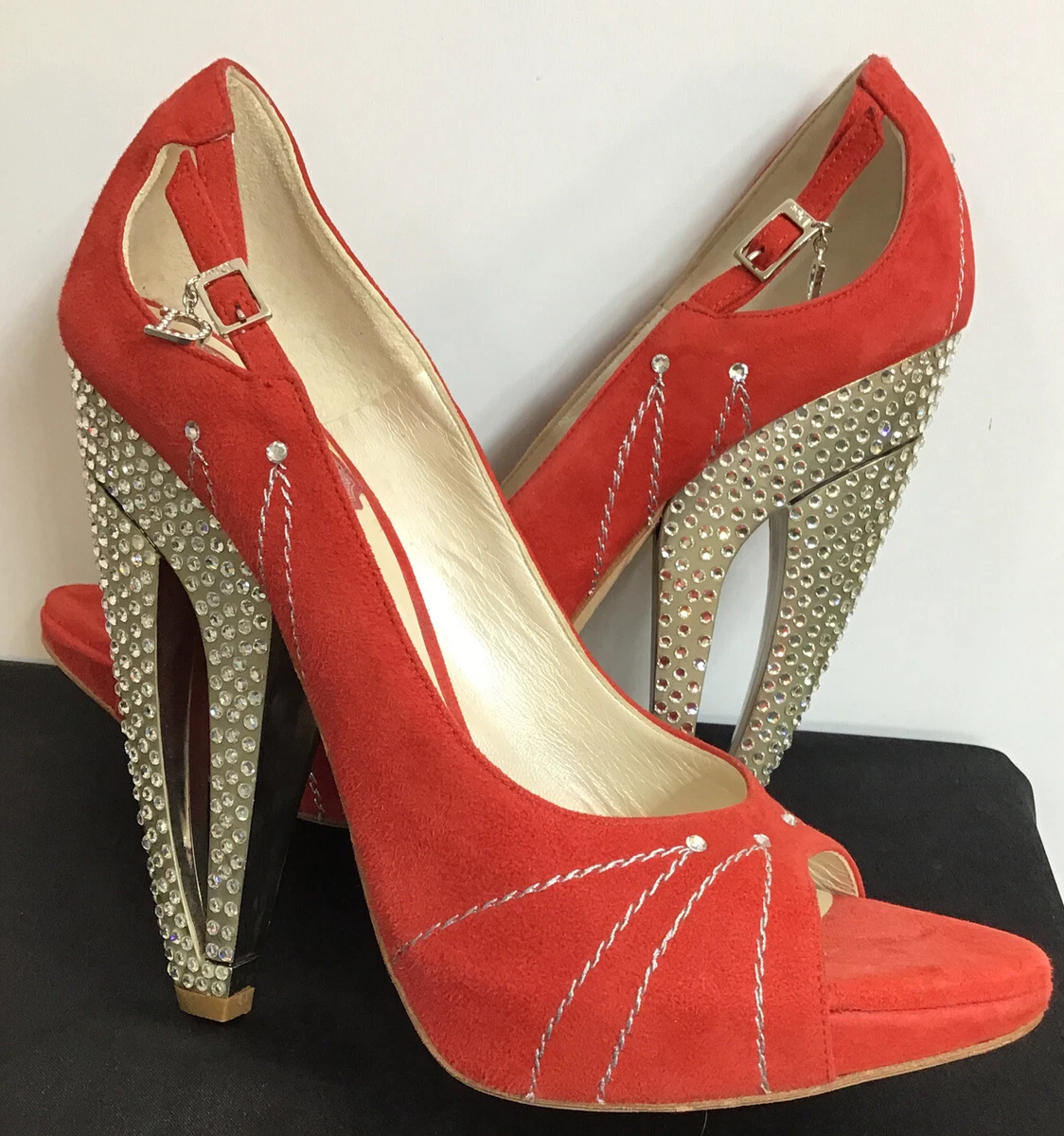 Christian Dior Shoes Red Suede Open Toe Rhinestone Curved Heel