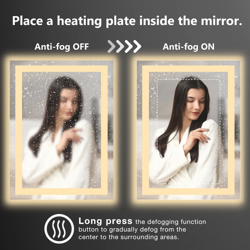 28''/32''/36'' противотуманное светодиодное зеркало для ванной, прямоугольное умное зеркало с памятью для туалетного столика - Изображение 3 из 4