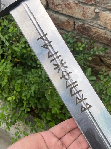 Handmade Viking Sword with Viking Runes Etching, Carbon Steel Short Sword, Wood - Picture 4 of 5
