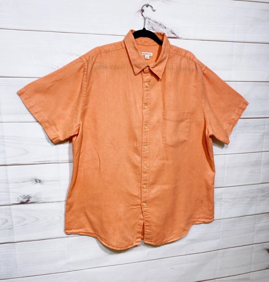 Merona Mens Shirt Size XL Orange Button Up Pocket Short Sleeve 100% Linen - Image 2 of 4